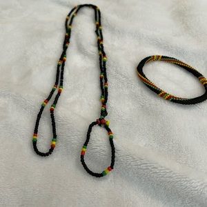 Necklace and bracelet set yellow, red , green, black seed beads girls size #311
